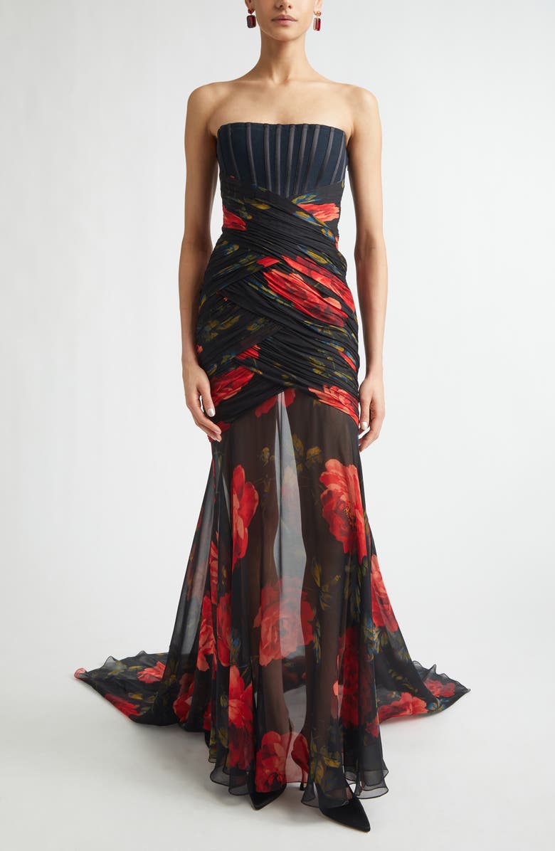 Carolina Herrera Rose Print Silk Chiffon Bustier Gown, Main, color, Black Multi