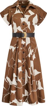 Donna Karan New York Floral Belted Stretch Cotton Midi Shirtdress