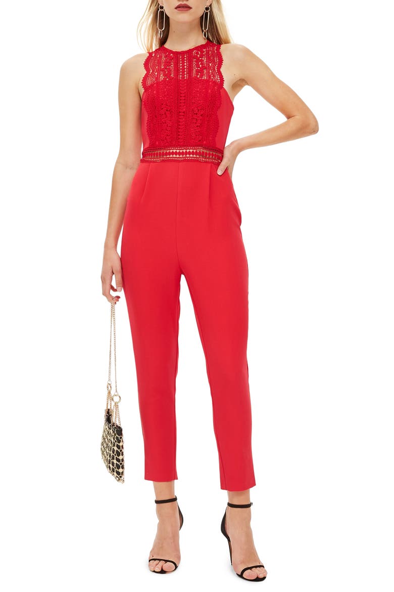 Saskia Lace Trim Jumpsuit, Main, color, RED