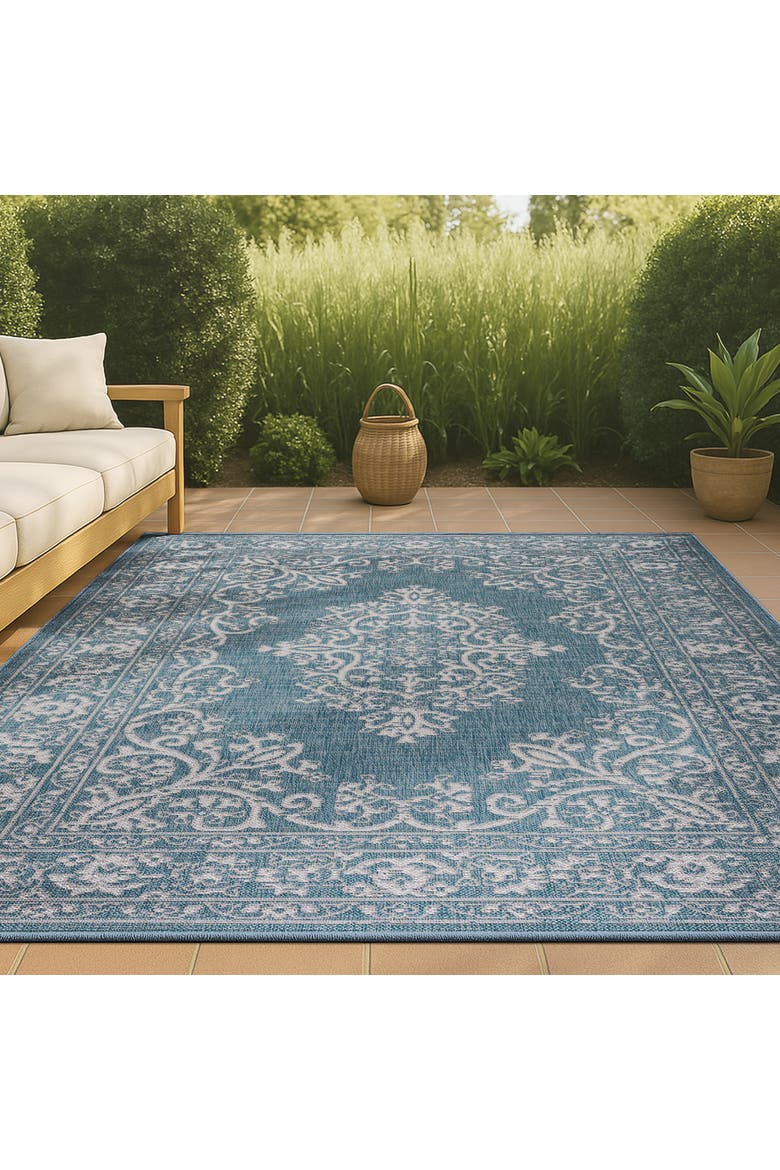Galon Filigree Indoor/Outdoor Area Rug, Alternate, color, Teal/Ivory