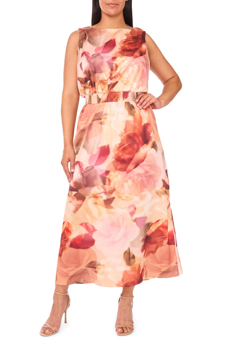 Halogen<sup>®</sup> Blurred Floral Smocked Waist Maxi Dress, Main, color, Faded Rose