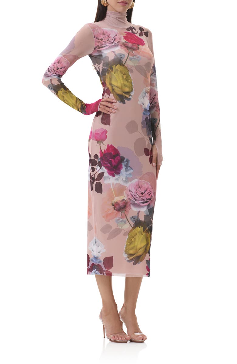 AFRM Shailene Print Long Sleeve Powermesh Body-Con Midi Dress, Alternate, color, Placed Photo Rose