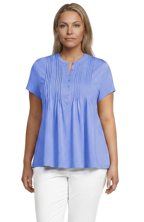 Short Sleeve Lightweight Jersey Button Pintuck Top