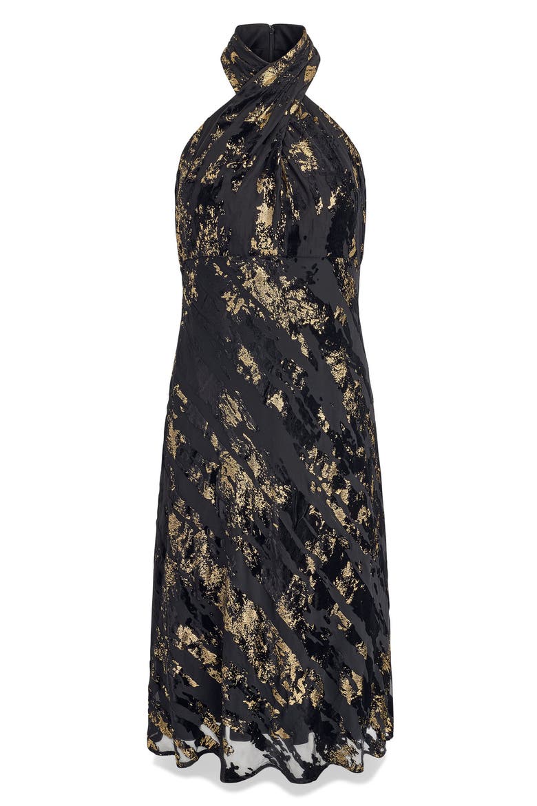Metallic Foil Velvet Halter Midi Dress, Alternate, color, BK/ METALLI