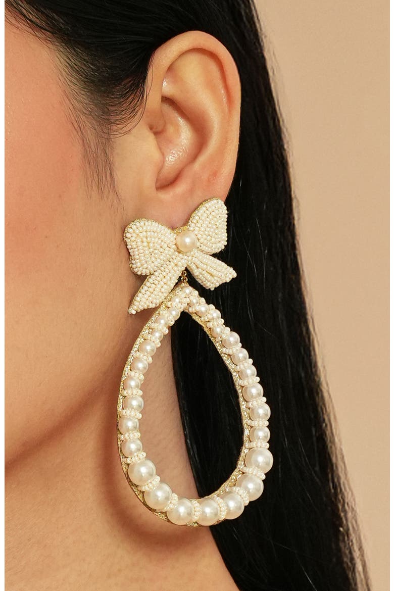 Darana Bow & Faux Pearl Drop Earrings, Alternate, color, IVORY