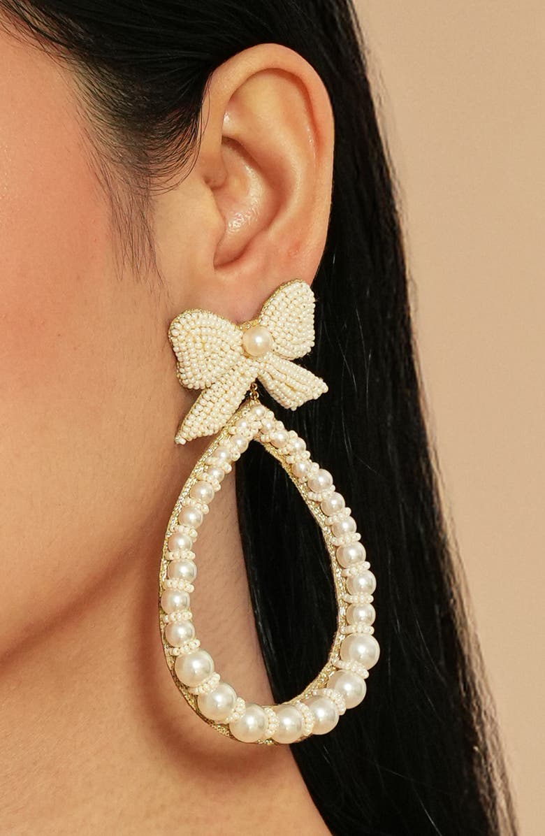 Deepa Gurnani Darana Bow & Faux Pearl Drop Earrings, Alternate, color, Ivory
