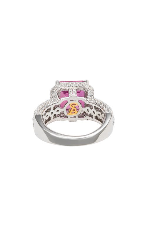 Suzy Levian Diamonds Sterling Silver Emerald Cut Pink & Pavé White Sapphire Ring In Pink