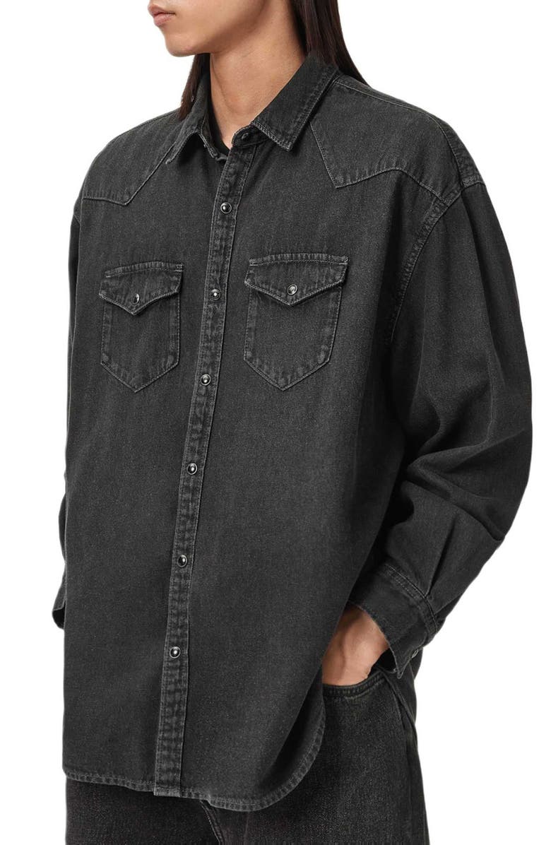 AllSaints Fenton Cotton Denim Snap-Up Shirt, Alternate, color, Black