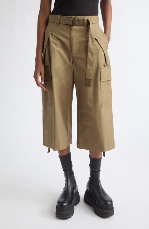 Weather Coated Cotton Twill Cargo Wide Leg Crop Pants