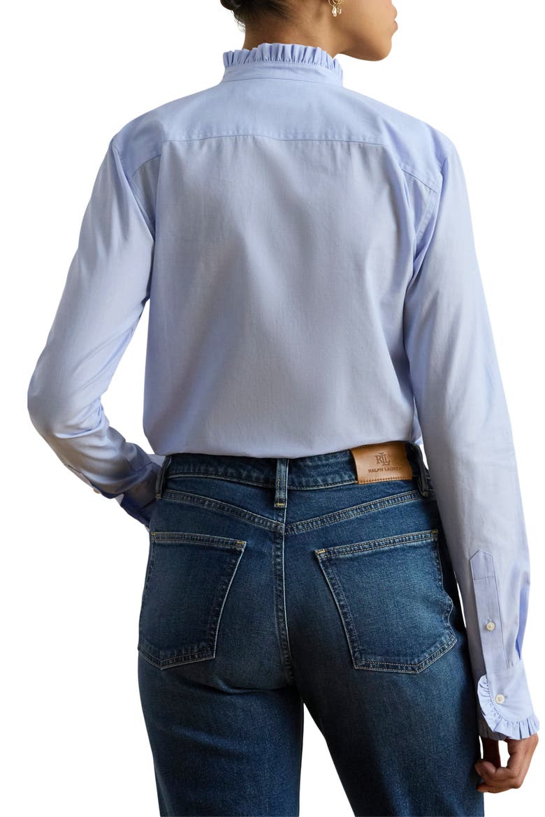 Ruffle Trim Cotton End-on-End Button-Up Shirt, Alternate, color, LIGHT SKY BLUE