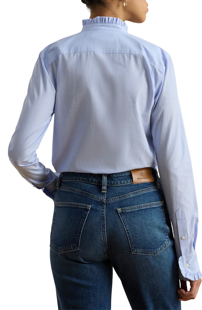 Lauren Ralph Lauren Ruffle Trim Cotton End-on-End Button-Up Shirt, Alternate, color, Light Sky Blue