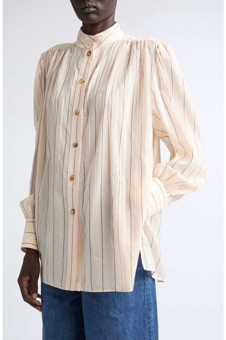 Stripe Cotton & Silk Blend Poplin Button-Up Shirt, Alternate, color, PINK/ BLACK