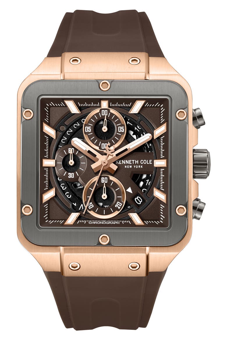 Arlington Automatic Chronograph Silicone Strap Watch, 43mm, Main, color, DARK BROWN