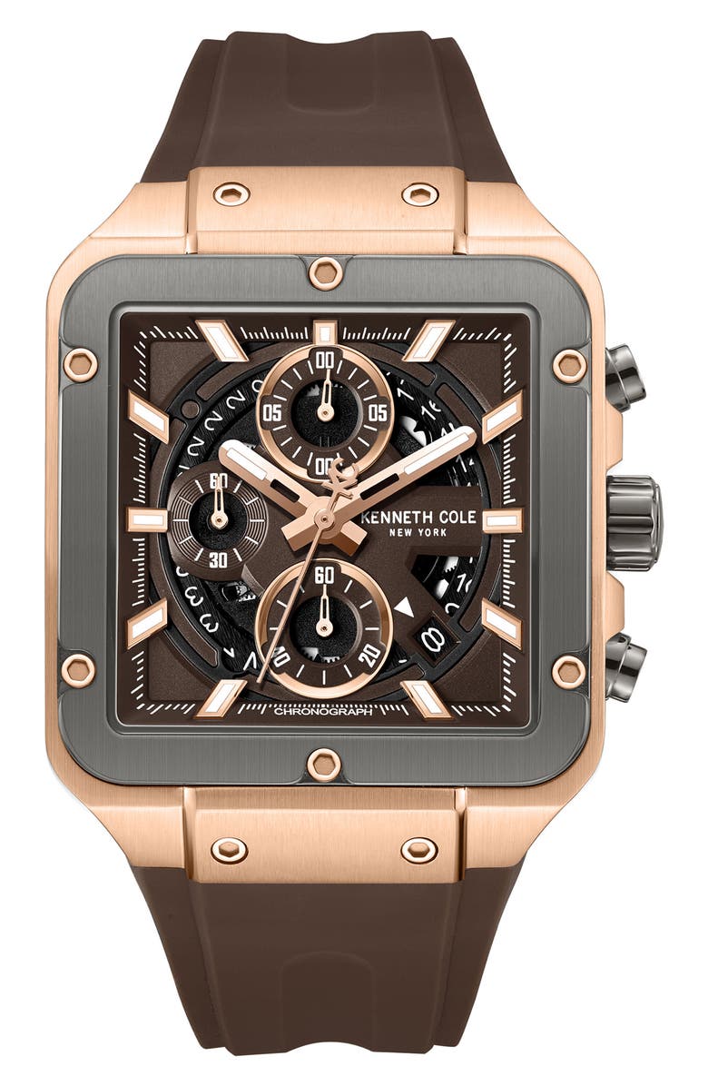 Kenneth Cole New York Arlington Automatic Chronograph Silicone Strap Watch, 43mm, Main, color, Dark Brown
