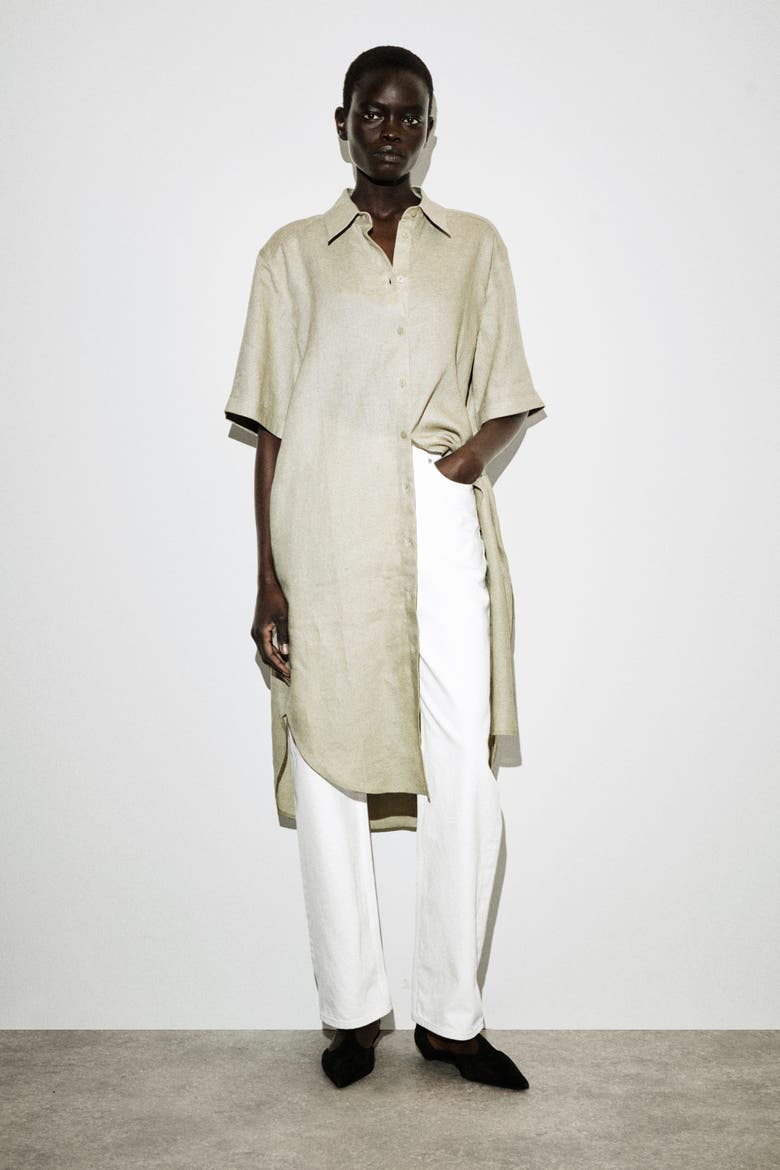beige linen dress with sleeves Beige Minimalist Summer Linen Dress With Long Sleeves, Midi Shift Dress  With Gather Tie Detail, Short Relaxed Dress for Women, Sizes XS-4XL