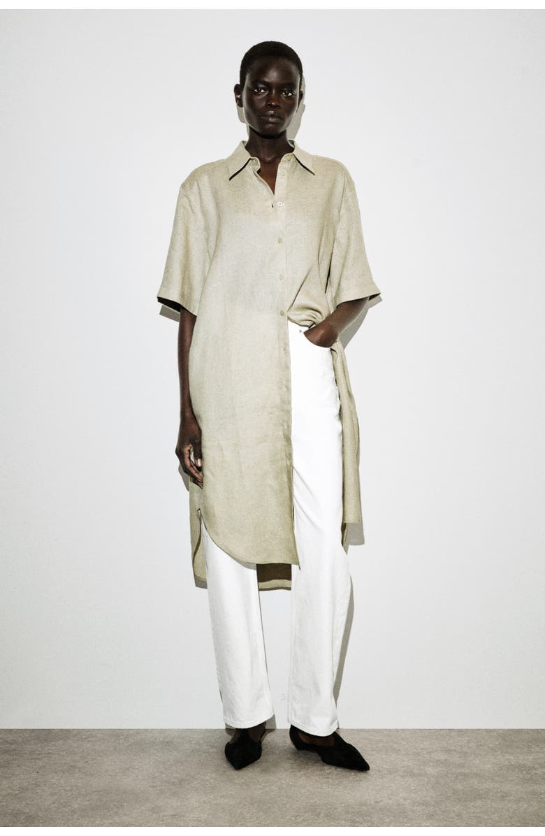 COS Short-Sleeved Linen Shirt Dress, Main, color, Beige