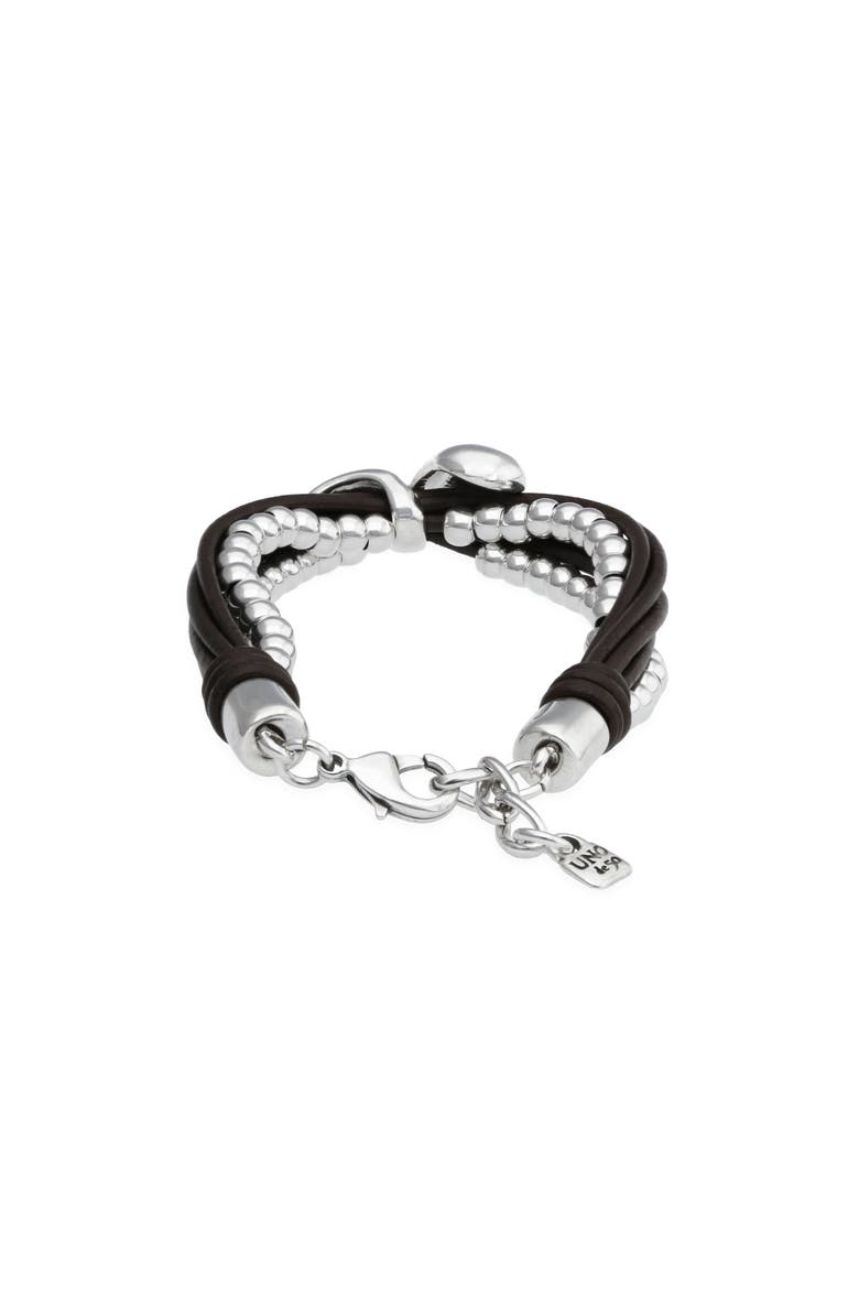 Leather Bracelet with Dual Silver-Tone Drops, Alternate, color, Silver