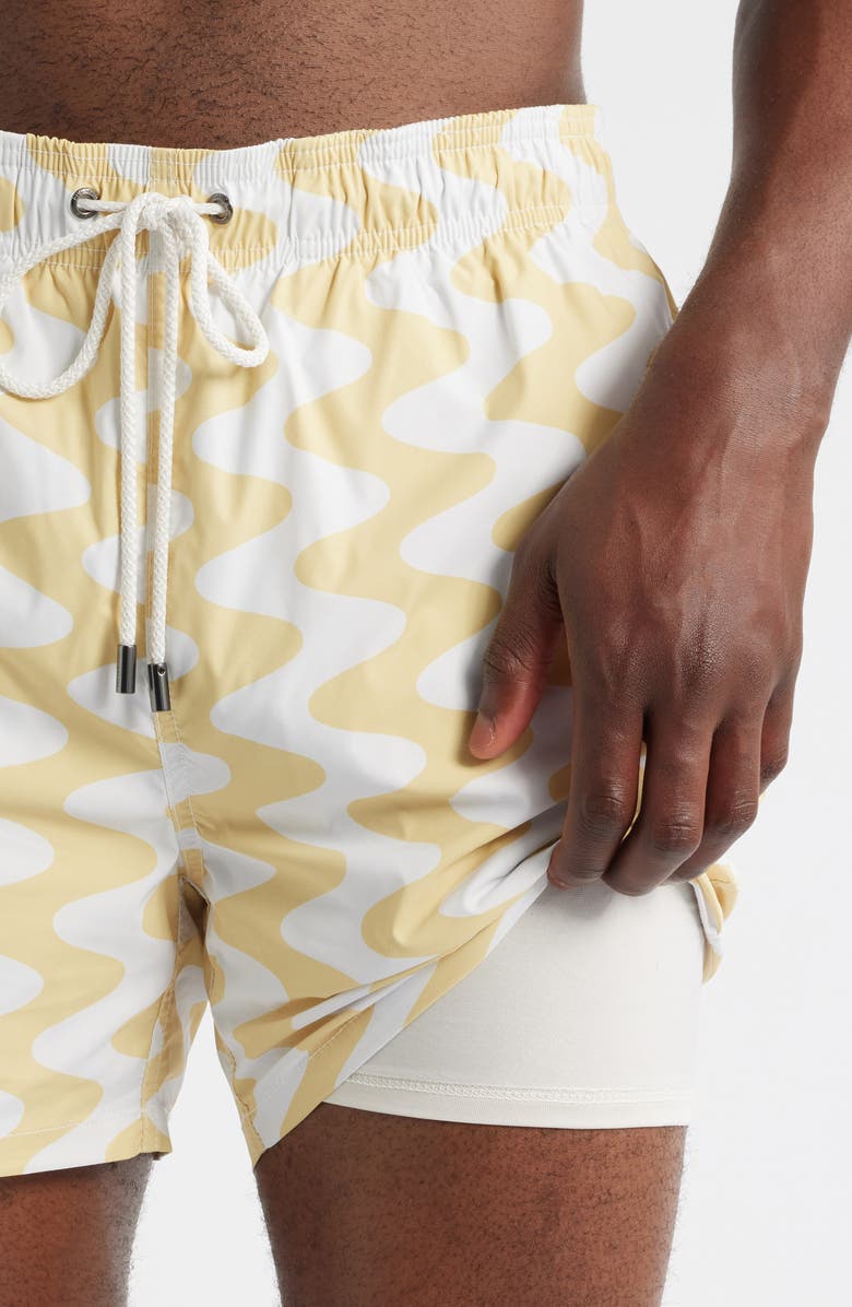 Bugatchi Cruz Wave Print Swim Trunks, Alternate, color, Jojoba