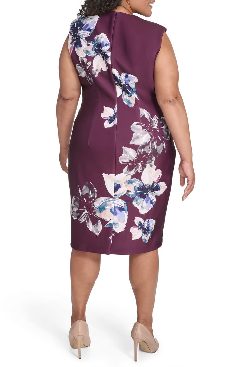 Calvin Klein Floral Sleeveless Scuba Sheath Dress, Alternate, color, Aubergine Multi