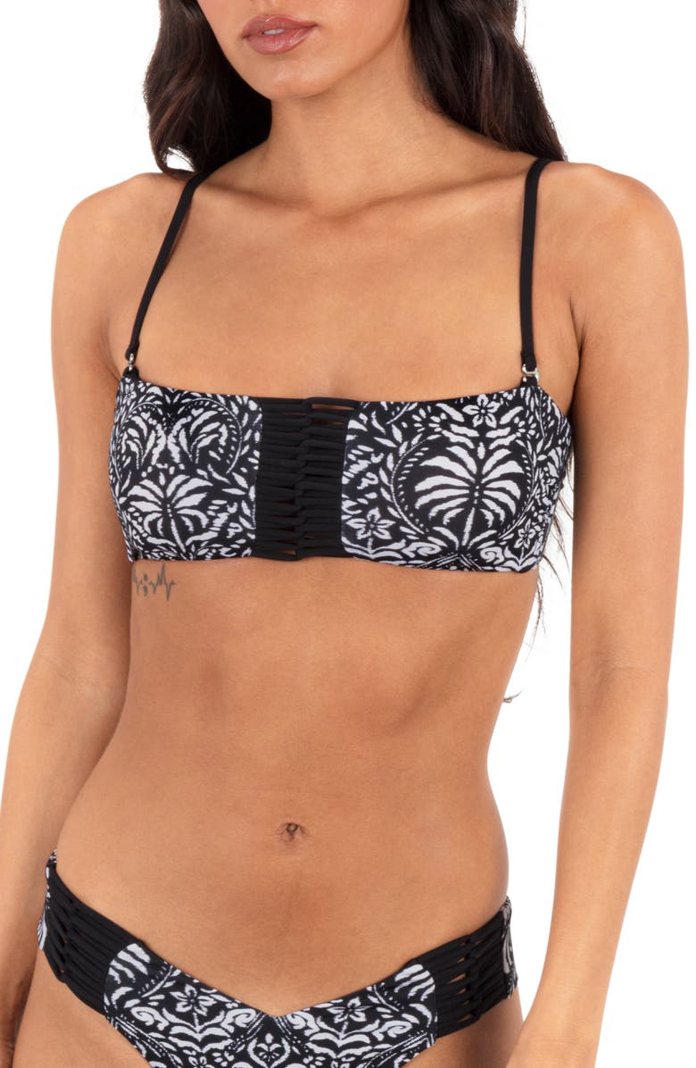Hurley Ikat Palm Bandeau Bikini Top, Main, color, Black / Coconut