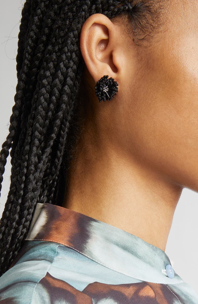 Oscar de la Renta Beaded Pompom Flower Earrings, Alternate, color, Black