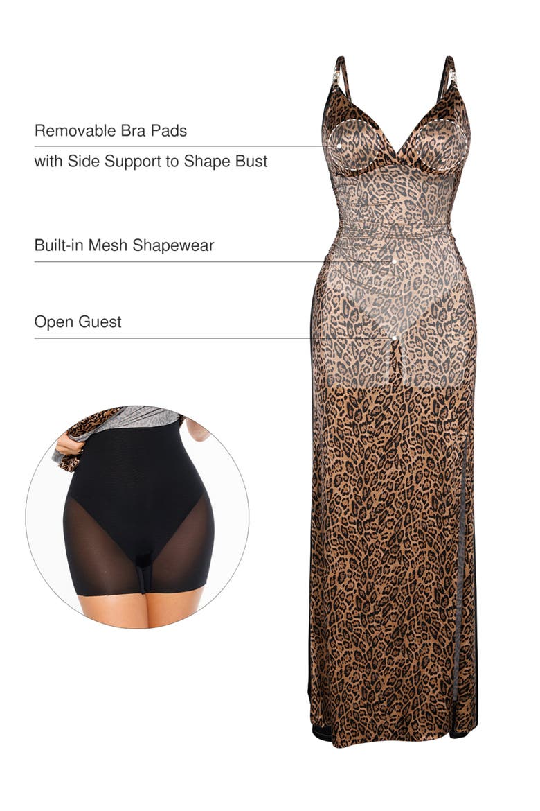 Shapewear Satin Deep-V Front Slit Maxi Date Night Shapewear Dress, Alternate, color, leopard print