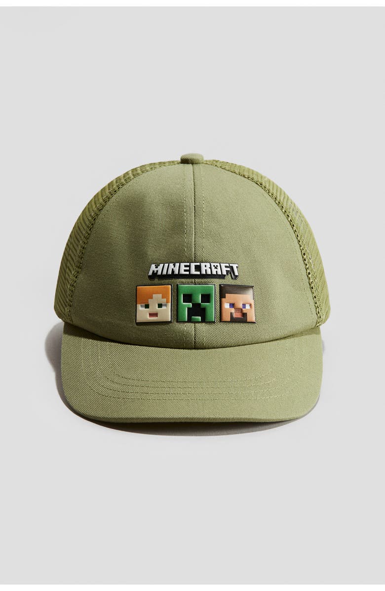 H&M Motif-detail Cotton Cap, Main, color, Khaki Green/Minecraft
