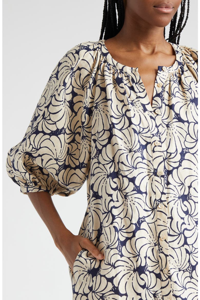 Print Long Sleeve Linen Shift Dress, Alternate, color, NAVY SCALLOP BLOCK PRINT