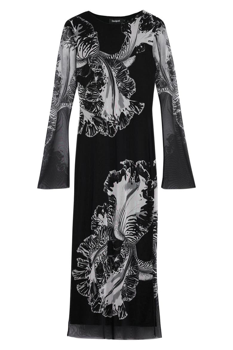 Floral Print Long Sleeve Midi Dress, Alternate, color, BLACK
