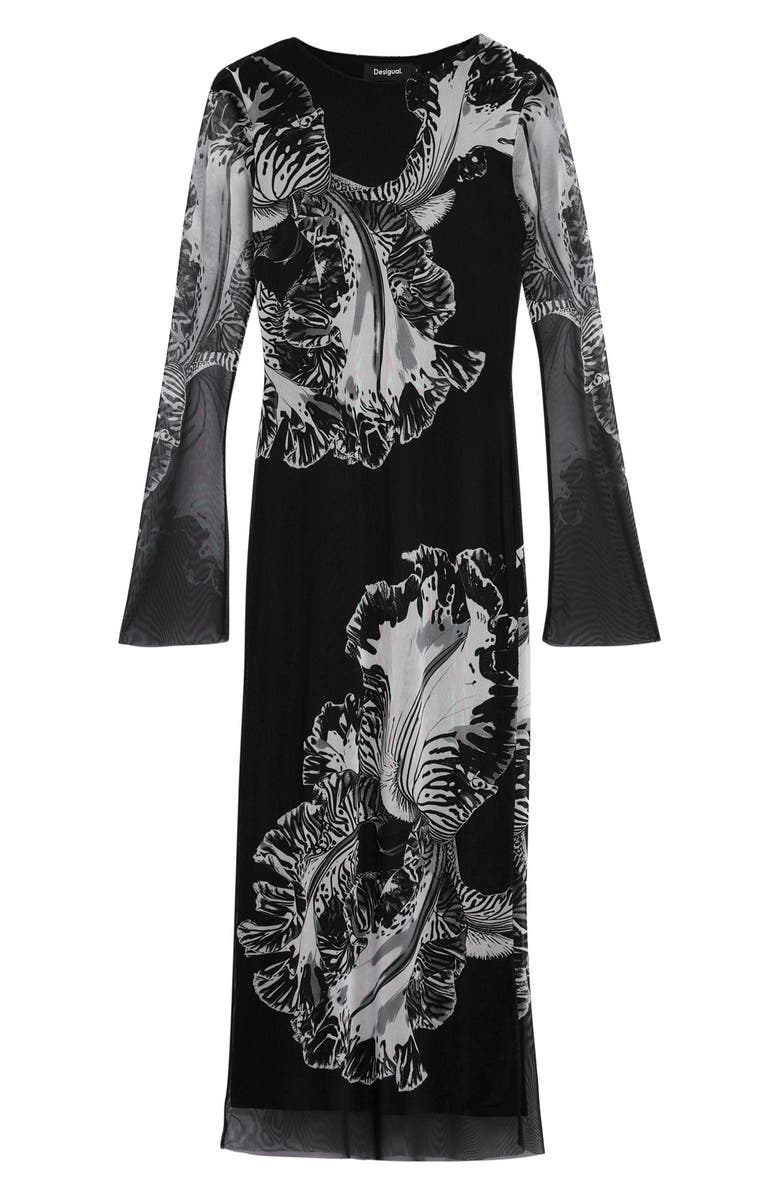 Desigual Floral Print Long Sleeve Midi Dress, Alternate, color, Black