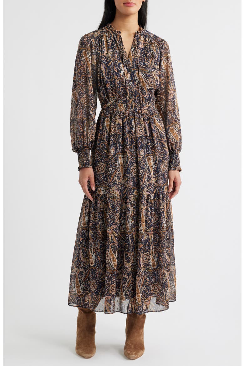Boho Paisley Long Sleeve Maxi Dress, Main, color, BLACK MULTI