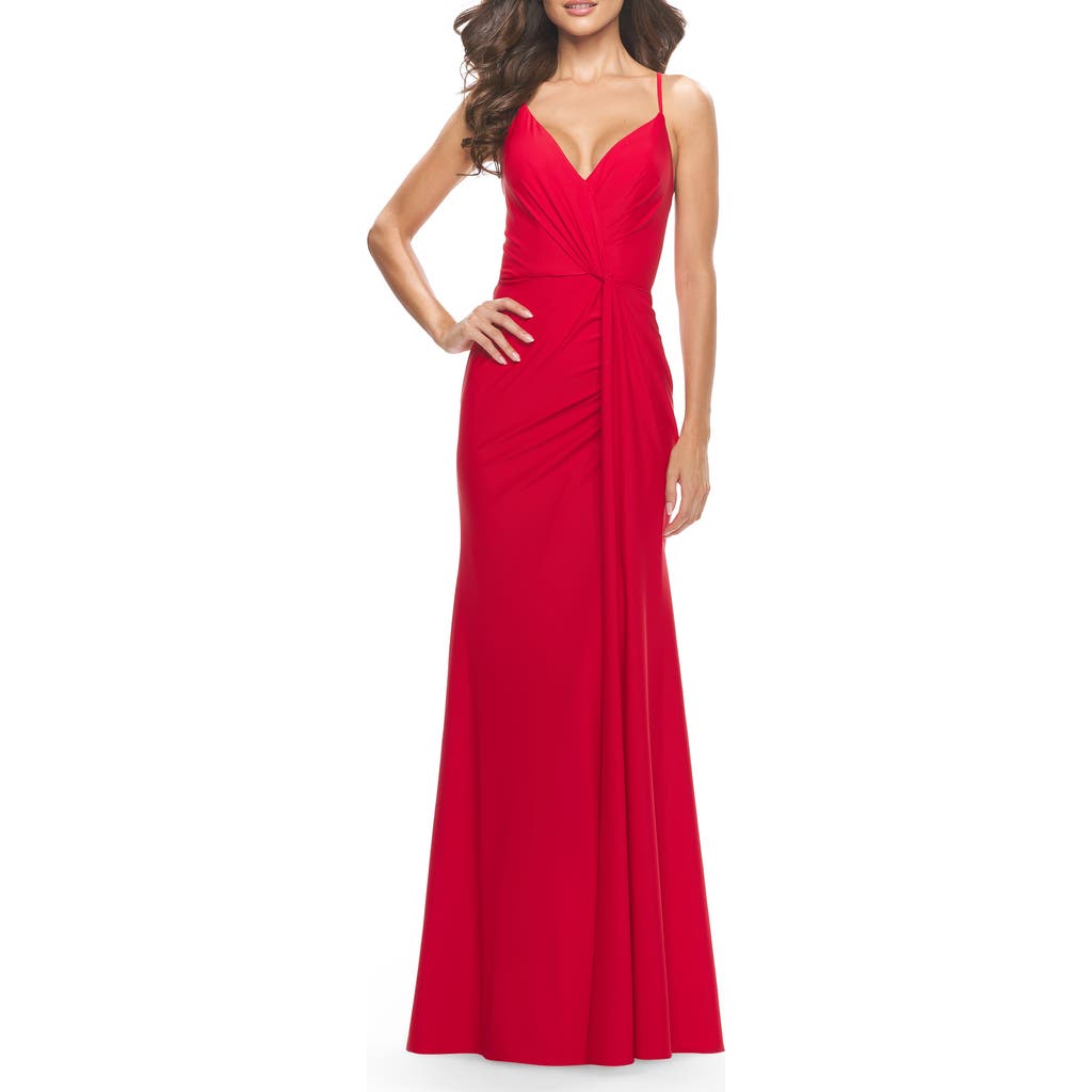 La Femme Soft Jersey Dress With Knot Waist And Lace Up Back