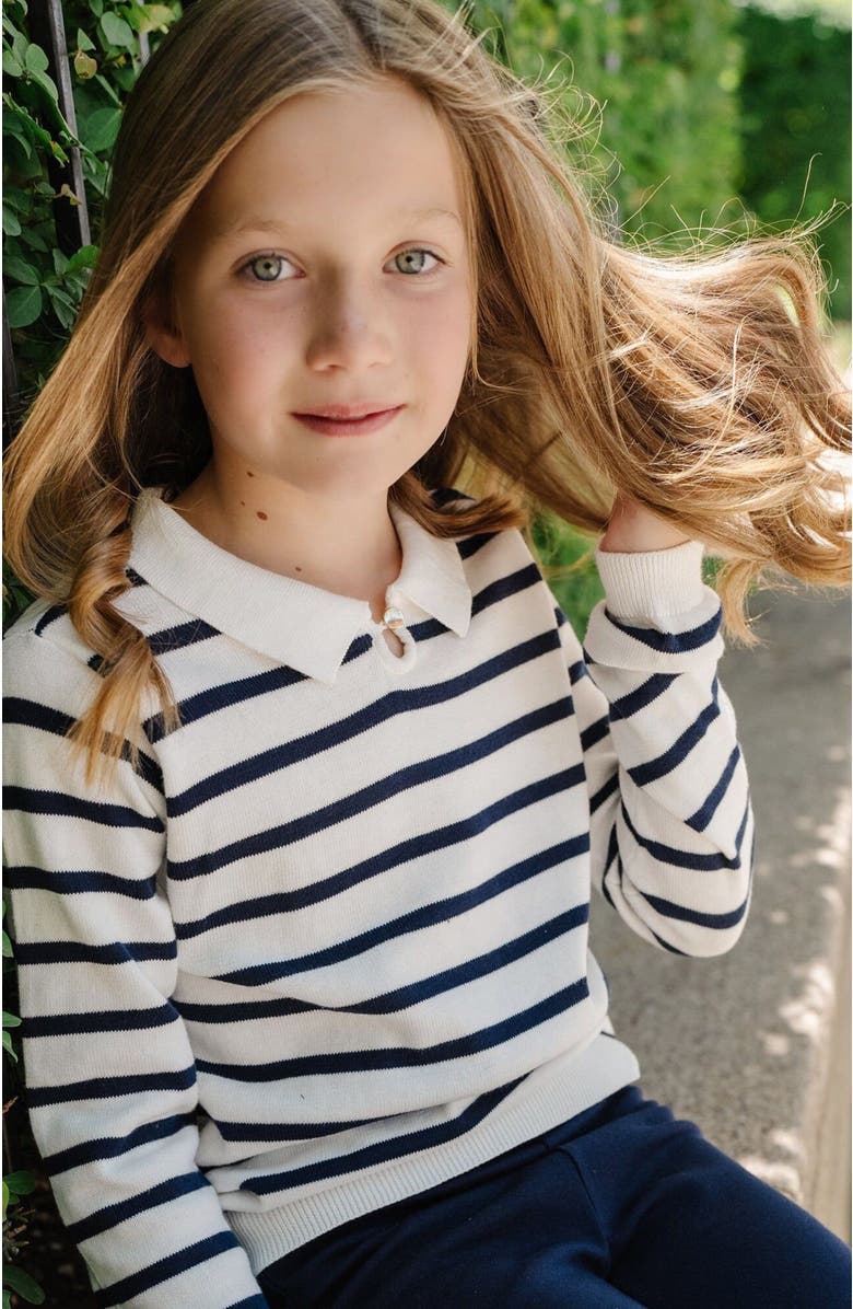 Hope & Henry Girls' Organic French Collared Keyhole Sweater, Kids, Alternate, color, Navy Breton Stripe With Collar