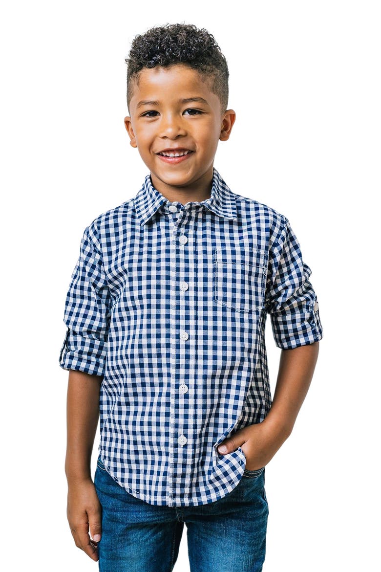Kids' Organic Long Sleeve Stretch Poplin Roll-Up Button Down Shirt, Main, color, Navy Gingham