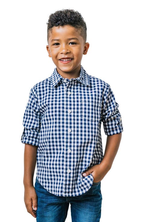 Kids' Organic Long Sleeve Stretch Poplin Roll-Up Button Down Shirt (Little Kid and Big Kid)