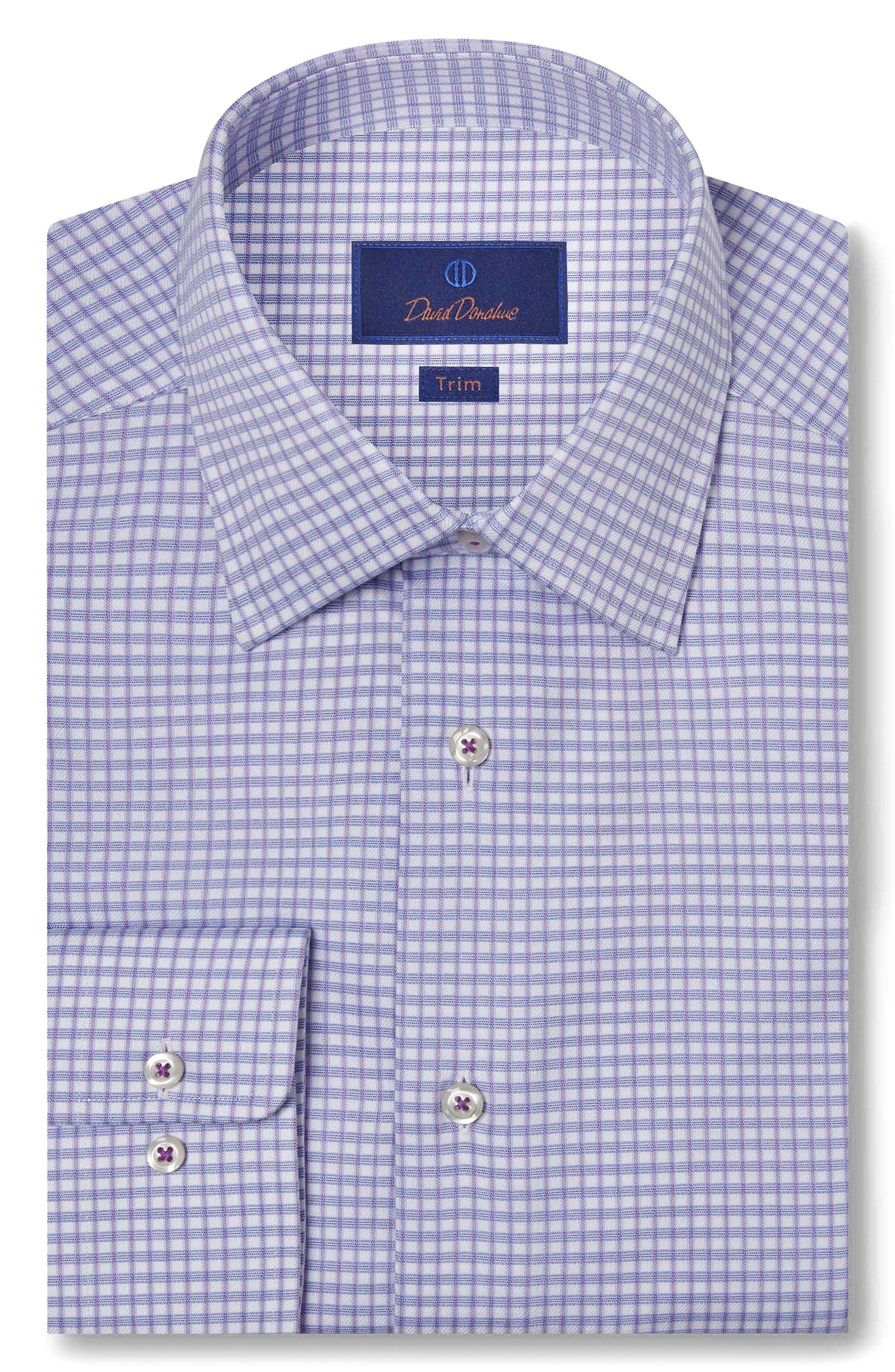 David Donahue Trim Fit Textured Dobby Check Dress Shirt in Blue/Lilac 