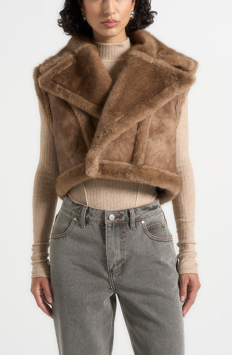 Manière De Voir Kena Vintage Leather & Plush 2-in-1 Gilet Jacket, Main, color, Taupe