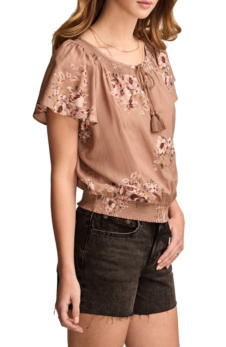 Lucky Brand Floral Flutter Sleeve Cotton Blend Top, Alternate, color, Taupe Floral