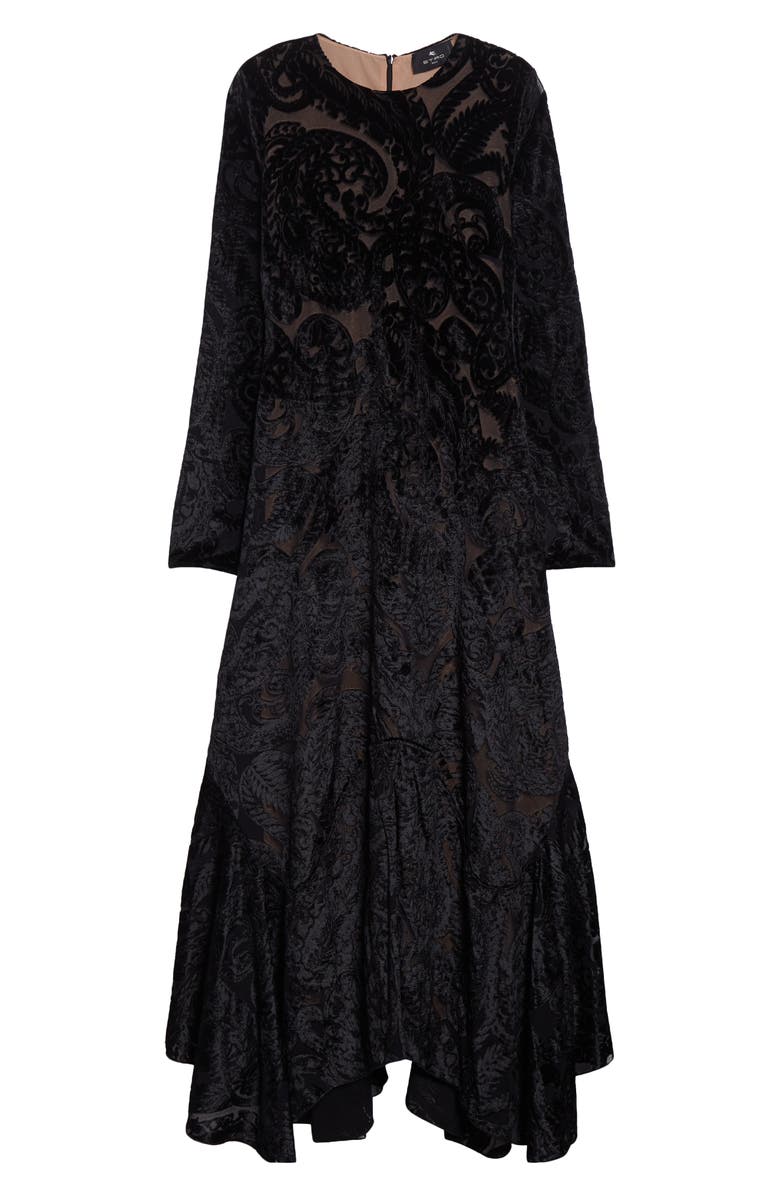 Etro Velvet Paisley Long Sleeve Mesh Midi Dress, Alternate, color, 