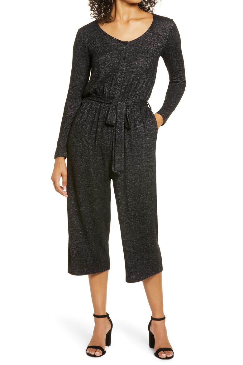 Long Sleeve Brushed Sweater Knit Jumpsuit, Main, color, RAVEN BLACK MIX