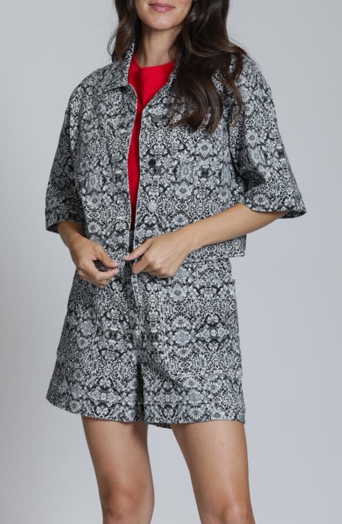 Floral Print Short Sleeve Denim Jacket