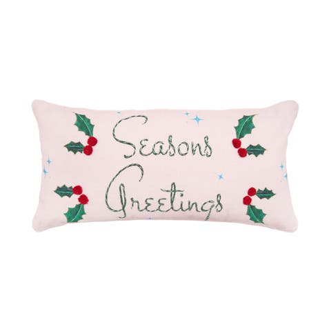 Holly Leaves & Berries "Seasons Greetings" Cotton Blend Accent Pillow 12" x 24"