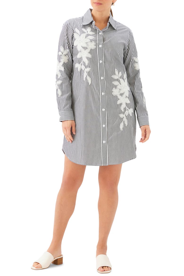 Floral Embroidery Long Sleeve Shirtdress, Main, color, BLACK W/ OFF WHITE
