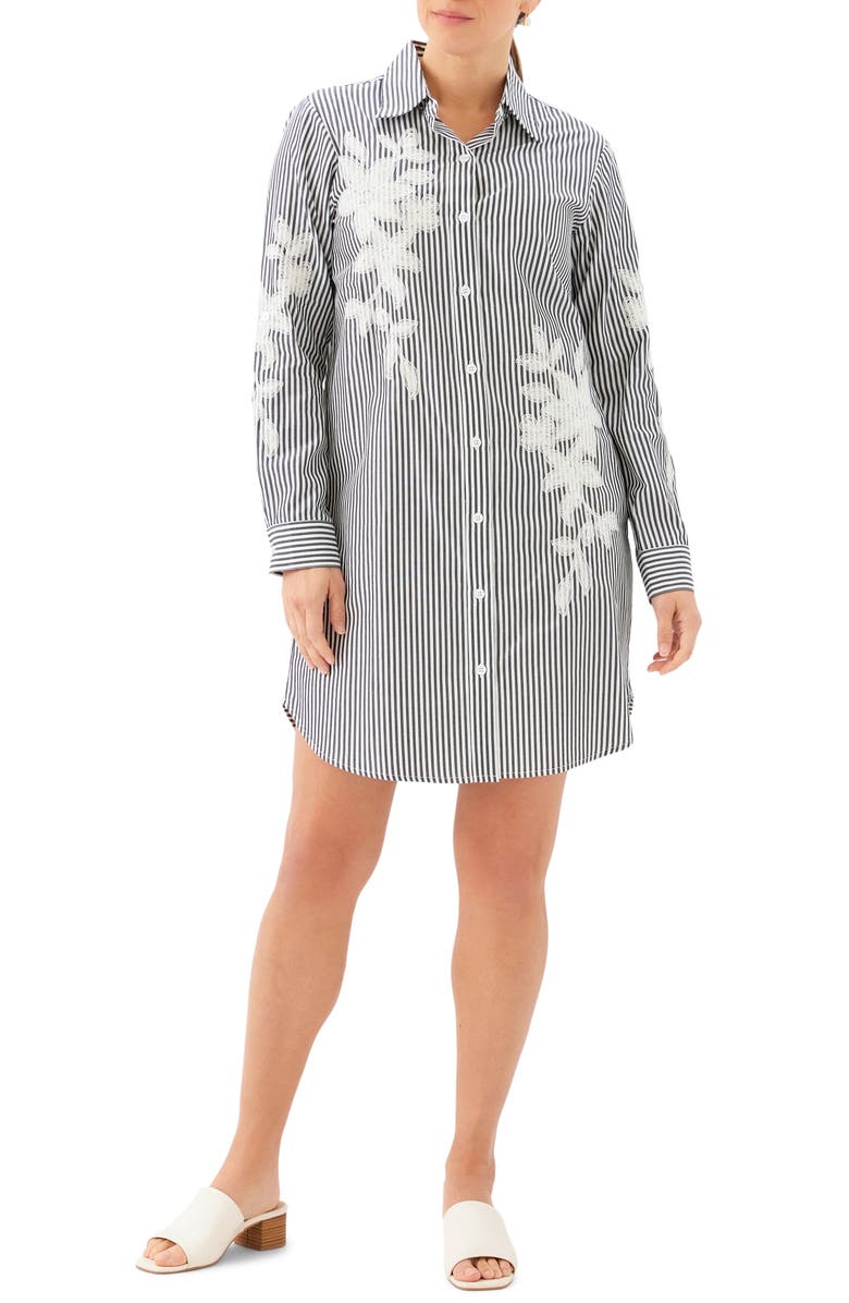 Karen Kane Floral Embroidery Long Sleeve Shirtdress, Main, color, Black W/ Off White