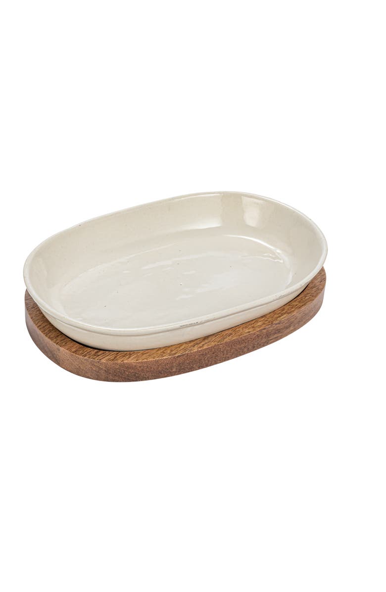 Storied Home Stoneware Serving Dish with Mango Wood Base, Main, color, Cream