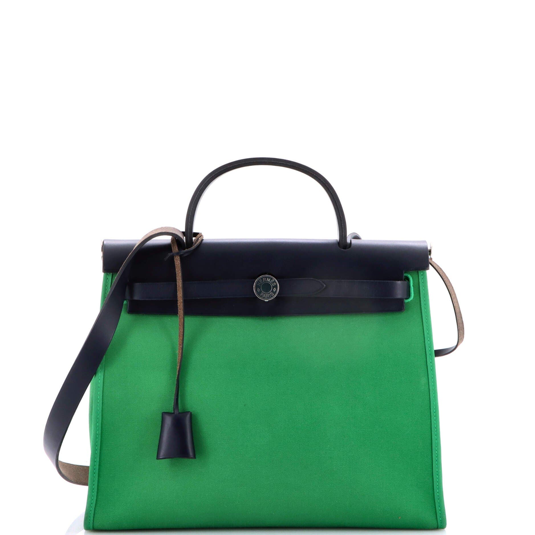 Pre-Owned Hermes Herbag Zip Leather and Toile 31, Main, color, Green