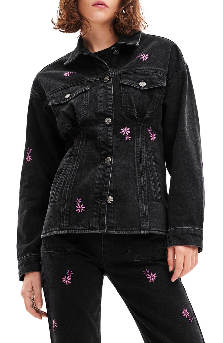 Desigual Arkansas Floral Embroidered Crop Trucker Jacket, Main, color,