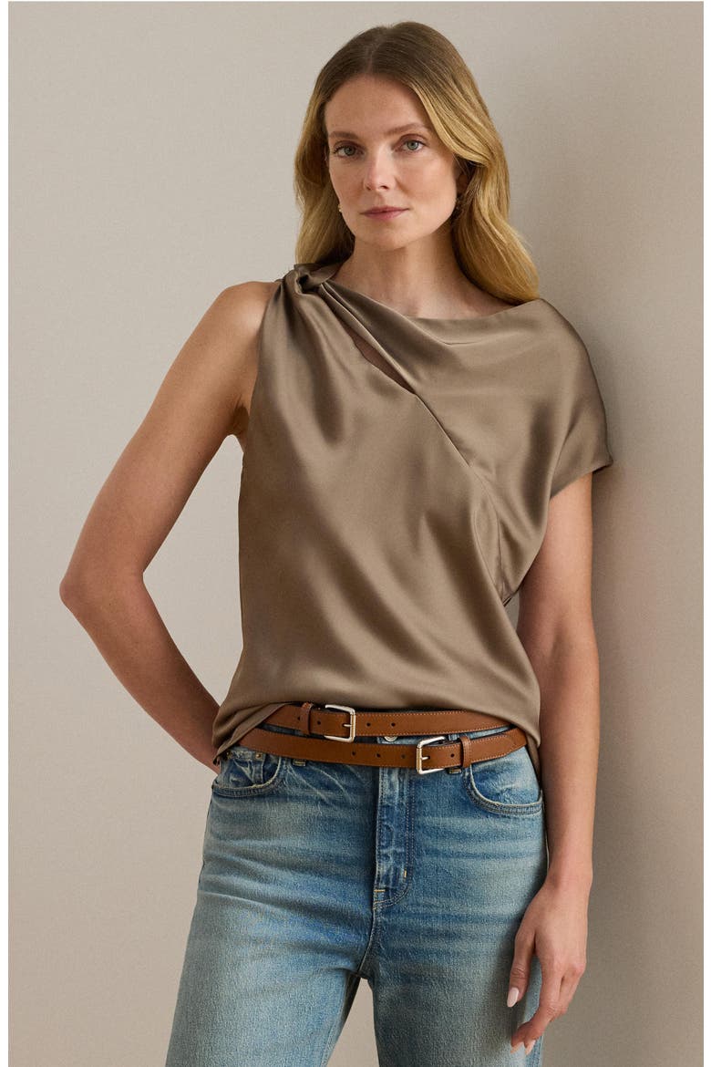 Asymmetric Drape Charmeuse Top, Alternate, color, TAUPE BROWN