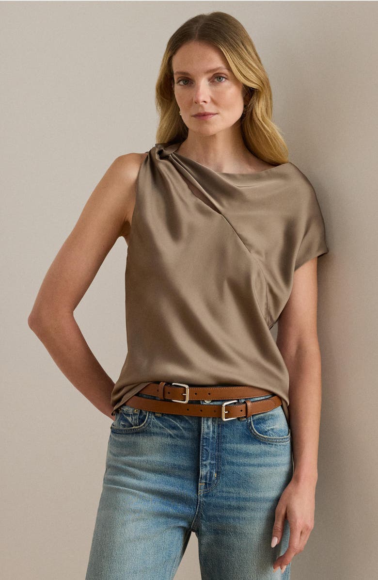 Lauren Ralph Lauren Asymmetric Drape Charmeuse Top, Alternate, color, Taupe Brown