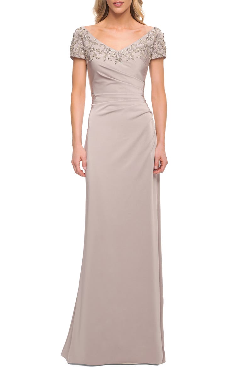 La Femme Crystal Detail Cap Sleeve Jersey Sheath Gown, Main, color,